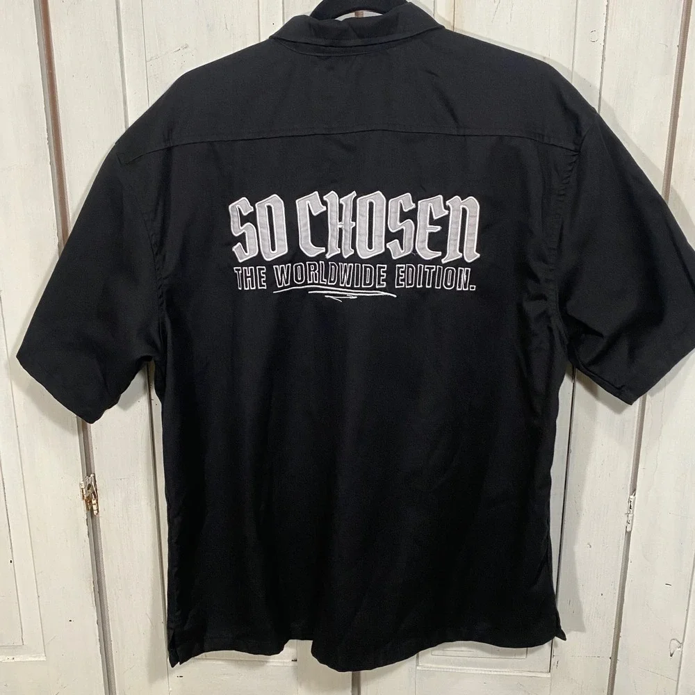 So Chosen Worldwide Edition Mens Black Short Sleeve Work Shirt Large Embroidered
